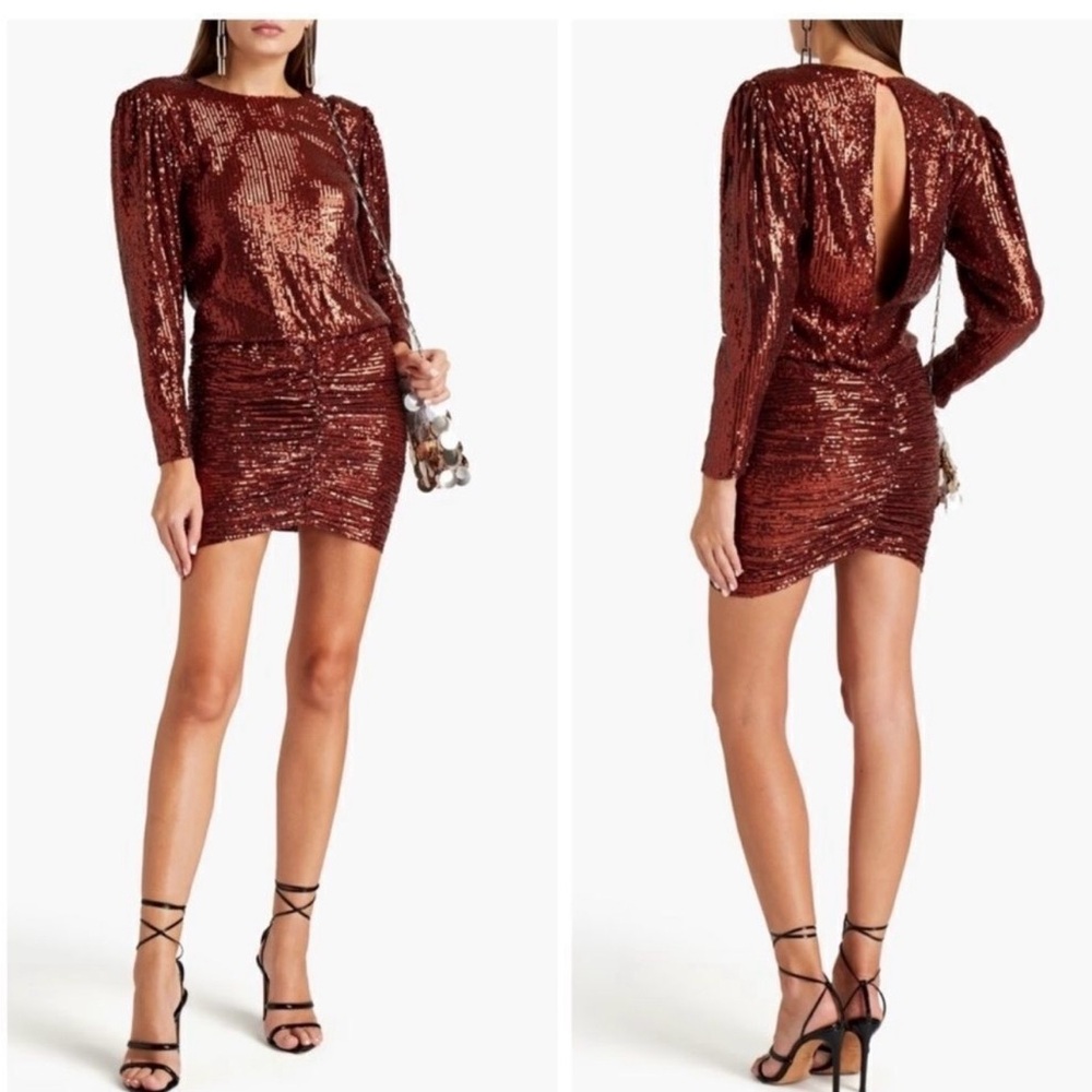 Retrofete Copper Sequin Long-Sleeve Ruched Mini Dress